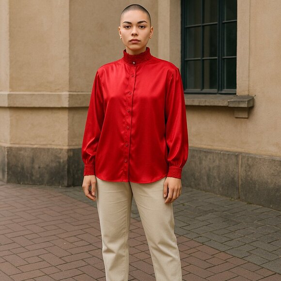 Vintage Tops - Vintage RED Tess Milano Satin Long Sleeved Blouse Ladies 4 Maximalist Old Money